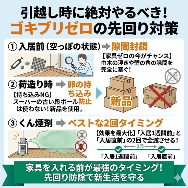 新生活や引越し前にやるべきゴキブリの先回り対策をまとめた図解インフォグラフィック。家具がない空っぽの入居前に巾木の浮きや壁の角の隙間を塞ぐチェック対策、荷造り時に古い段ボールを使わず新品の段ボールを使い卵の持ち込みを防ぐ注意点、入居1週間前と直前の2回にわけてくん煙剤を焚き成虫と孵化した幼虫を全滅させるベストなタイミングを、スマホ向けに文字量を抑えて視覚化したイラスト。