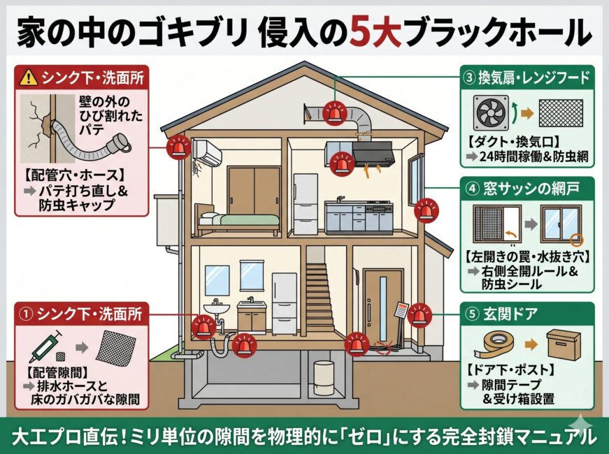 大工プロが解説するゴキブリ侵入の5大ブラックホールと完全封鎖術の図解。キッチンのシンク下配管隙間（防臭ゴムとネットで密閉）、エアコンの劣化パテとドレンホース（防虫キャップ装着）、換気扇の半開きダンパー（24時間稼働）、窓サッシの左開き網戸の罠と水抜き穴（右側全開ルールと防虫シール、変成シリコンとバックアップ材での外壁補修）、玄関ドアの隙間と半開きポスト（隙間テープと受け箱）という5箇所の実態と、自分でできるDIY対策をスマホ向けにわかりやすくまとめたインフォグラフィックイラスト。