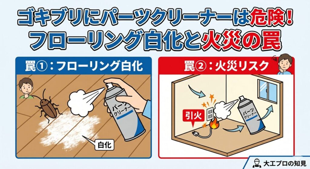 ゴキブリにパーツクリーナーは危険！フローリング白化と火災の罠