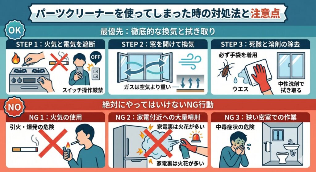 パーツクリーナーを室内で使った時の緊急対処手順とNG行動の比較インフォグラフィック。「換気と拭き取り」の3ステップと、「引火・中毒を招く3つのNG行動」をイラストで図解。