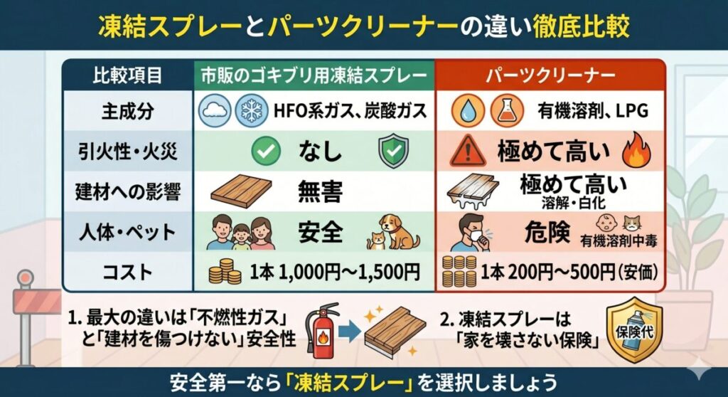 市販のゴキブリ用凍結スプレーとパーツクリーナーの徹底比較図。主成分、引火性・火災リスク、建材への影響、人体・ペットへの安全性、コストを項目別に比較。不燃性で建材を傷つけない凍結スプレーの安全性を強調し、「家を壊さない保険」と位置づける。