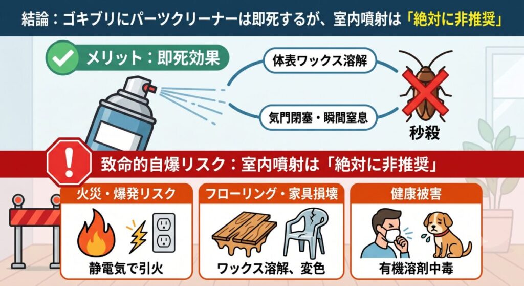 ゴキブリにパーツクリーナーを使用した際の効果とリスクを比較した図解。即死効果はあるが、室内では火災、床・家具の損壊、健康被害(有機溶剤中毒)の致命的リスクがあり絶対に非推奨であることを伝える画像。