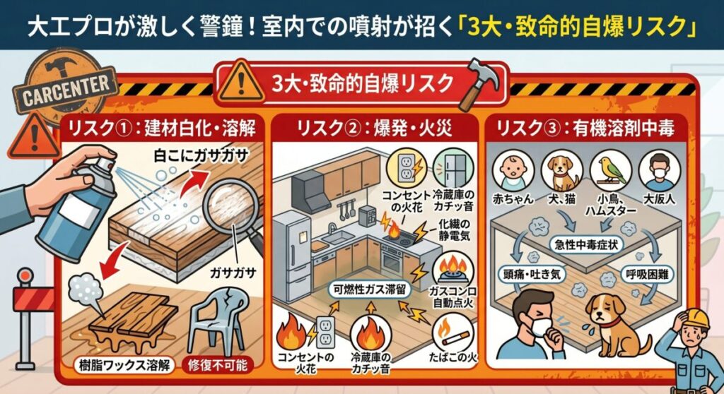 大工プロによるパーツクリーナー室内噴射のリスクを伝えるインフォグラフィック。3大リスクとして、1. フローリングや建材の白化・溶解、2. 日常のわずかな火花からの爆発・火災、3. 閉鎖空間での有機溶剤中毒(赤ちゃんやペットに特に危険)を詳細なイラストで解説。