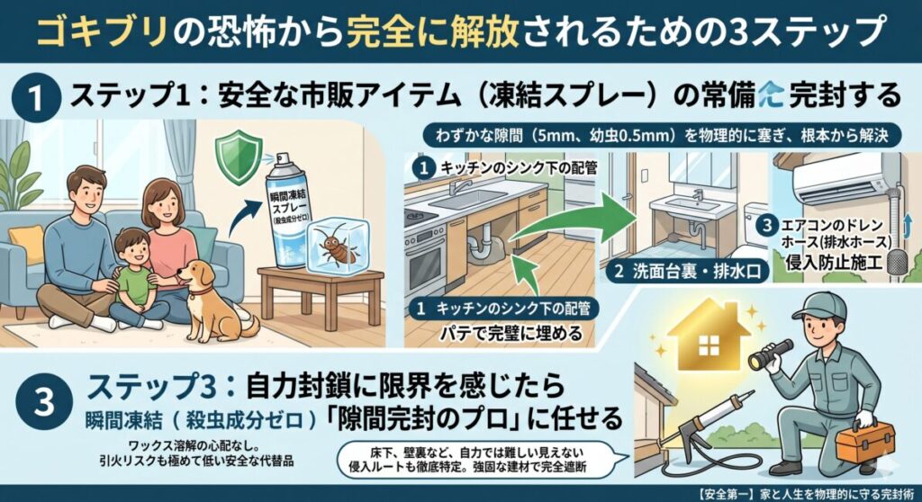 ゴキブリの恐怖から完全に解放されるための3ステップ図解。ステップ1:リビングへ安全な不燃性凍結スプレーを常備、ステップ2:大工プロ直伝のキッチン・洗面台・エアコン排水ホースの5mmの隙間完封術、ステップ3:自力で届かない壁裏や床下をプロの業者に任せる根本解決策をイラストで解説。