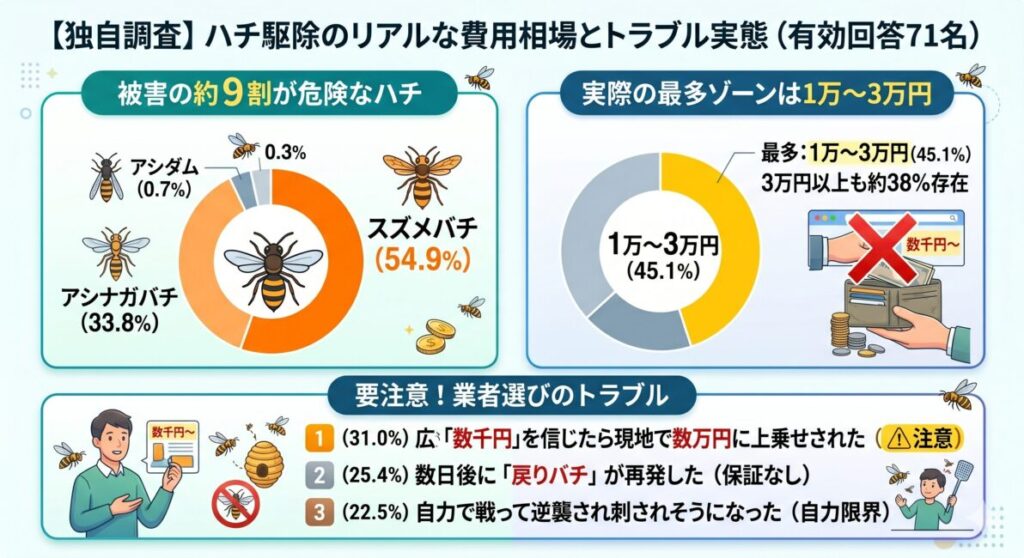 ハチ駆除経験者71名への独自アンケート結果をまとめた図解インフォグラフィック。被害に遭ったハチの種類は「スズメバチが54.9%」と過半数でアシナガバチと合わせ約9割が危険なハチであること、実際に支払った最終総額費用は「1万〜3万円が45.1%」と最多ボリュームゾーンで3万円以上も約38%にのぼる実態をグラフで解説。下部では不満トラブルランキングとして「1位：現地での大幅な見積もり上乗せ（31.0%）」「2位：戻りバチによる再発」「3位：自力駆除での逆襲」をまとめたデータ画像。