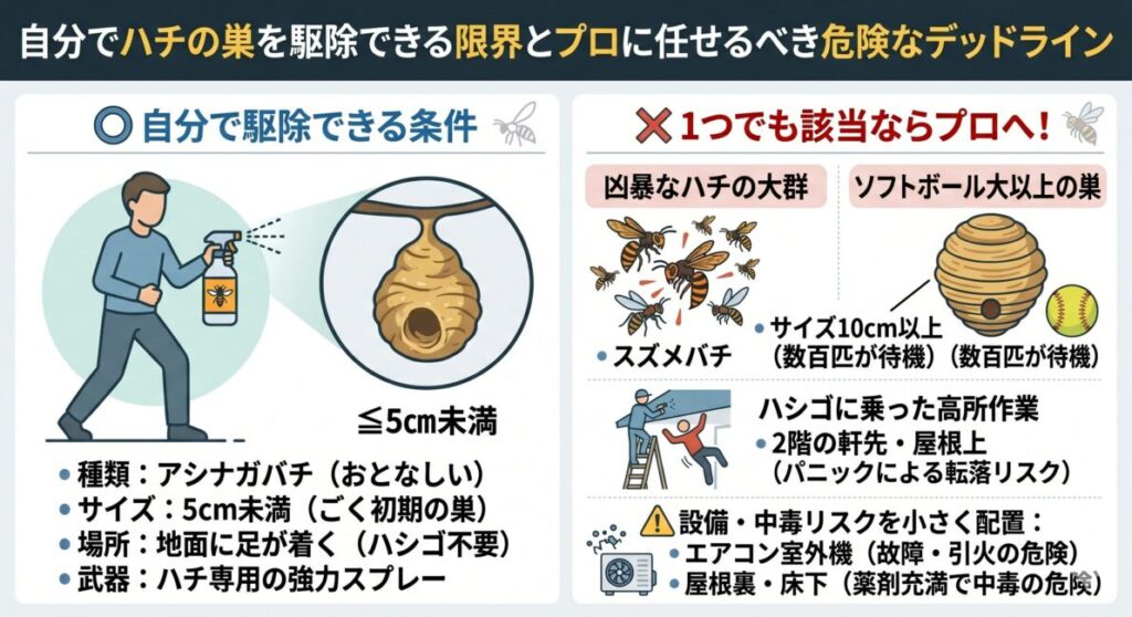 ハチの巣駆除を自力で行う限界とプロに依頼すべき境界線を解説した図解インフォグラフィック。左側では自力駆除が可能なセーフラインとして、アシナガバチ、5cm未満の小さな巣、地面に足が着く場所、専用スプレーの用意という4つの条件をイラストで図解。右側では命に関わるデッドラインとして、スズメバチ、10cm以上の大きな巣、ハシゴが必要な高所作業を挙げ、さらにエアコン室外機や屋根裏での自力駆除のリスク（故障・中毒）を警告するデータ画像。