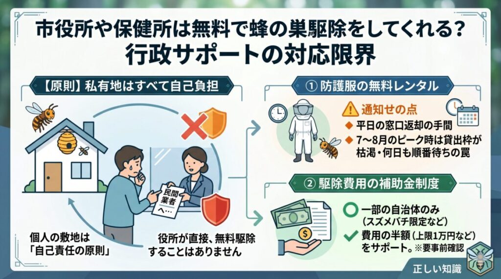 行政による蜂の巣駆除サポートの限界と対応内容をまとめた図解インフォグラフィック。私有地の駆除は「自己責任の原則」により原則自己負担であり、役所が直接無料駆除することはない現実を解説。行政が行う2つのサポートとして「スズメバチ防護服の無料レンタル（平日の貸出・返却の手間や、7〜8月のピーク時に順番待ちになるリスクあり）」と「一部自治体による駆除費用の補助金制度（一部費用補助、事前申請が必要）」のメリット・デメリットをイラストで図解。
