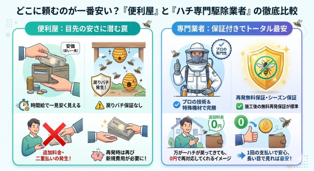 ハチの巣駆除における「便利屋」と「ハチ専門駆除業者」のコストパフォーマンス比較図解。左側では、便利屋が時間給で一見安く見えるものの「戻りバチ保証」がなく、再発時に追加料金が発生して二重払いになるリスクを解説。右側では、ハチ専門業者が防護服や特殊機材による確実な施工に加え、数ヶ月〜シーズンの「再発無料保証」が標準セットされているため、追加料金0円でトータルで最も安上がりになる仕組みをイラストで対比したインフォグラフィック。