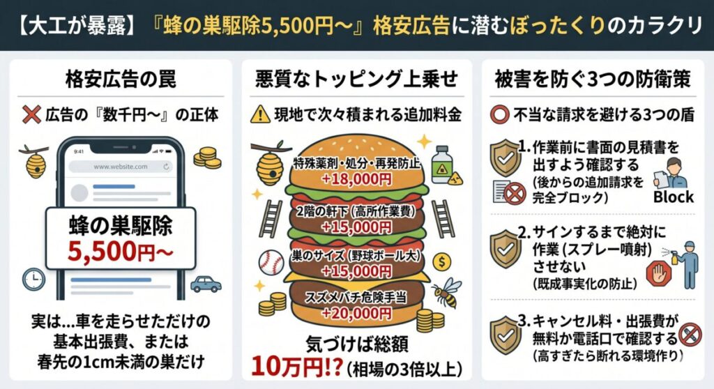 「蜂の巣駆除5,500円〜」などの格安広告に隠された上乗せ請求のカラクリと防衛策をまとめた図解インフォグラフィック。左側では格安料金が出張費のみである罠を明かし、中央では現地で「スズメバチ手当」「高所作業費」「特殊薬剤」などが次々にトッピングされ総額10万円近くに跳ね上がる悪質な手口をイラストで可視化。右側では不当な高額請求を回避するための3つの防衛策（作業前の書面見積もり、サイン前の作業厳禁、キャンセル料の事前確認）を解説したデータ画像。