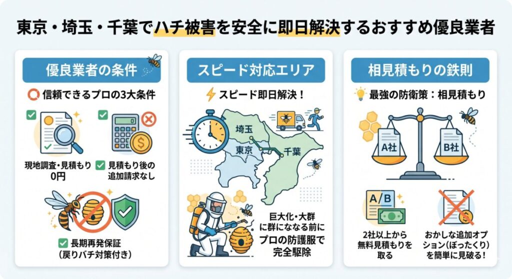 東京・埼玉・千葉でハチの巣駆除を安全・安価に依頼するための優良業者選びと相見積もりのコツをまとめた図解インフォグラフィック。左側では優良業者の条件（無料現地調査、追加請求なし、長期再発保証）を挙げ、中央では手遅れになる前の東京・埼玉・千葉エリアへの即日スピード解決をイメージ。右側では、2社以上の無料見積もり（相見積もり）を比較することでおかしな追加オプションを見破り、最安値で安全に解決する鉄則をイラストで解説したデータ画像。