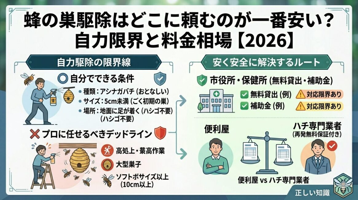 蜂の巣駆除はどこに頼むのが一番安い？自力限界と料金相場【2026】
