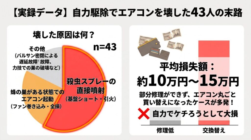 「【実録データ】自力駆除でエアコンを壊した人のリアルな失敗アンケート(n=43)」の集計結果を図解したインフォグラフィック画像。失敗原因の1位が「殺虫スプレーの直接噴射による基盤ショート」、2位が「蜂の巣がある状態でのエアコン起動によるファン巻き込み」であることを円グラフで表示。自力駆除に失敗した結果、部分修理が不可能でエアコン買い替えとなり、平均10万〜15万円の大きな経済的損失(大損)を被ったリアルなデータを視覚的に解説。