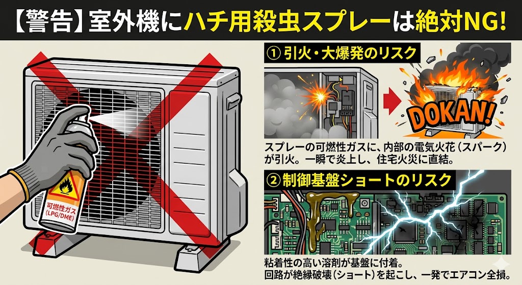 エアコン室外機にハチ用殺虫スプレーを直接吹き込んで臨む際の「2大致命的リスク」を解説した図解イラスト。左側にはスプレーを噴射するNG行為、右側にはその結果引き起こされる「1.可燃性ガスへの電気火花引火による室外機の爆発・炎上火災」と「2.粘着性溶剤が精密基盤に付着することによる電撃ショート(絶縁破壊)とエアコン全損」の危険性を視覚的に伝える構成。