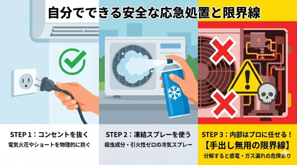 室外機の蜂の巣への安全な応急処置3手順の図解。コンセントを抜く、不燃性の凍結スプレーを撒くという自分でできる安全な対策と、感電やガス漏れのリスクがある内部分解の手出し無用な限界線を解説