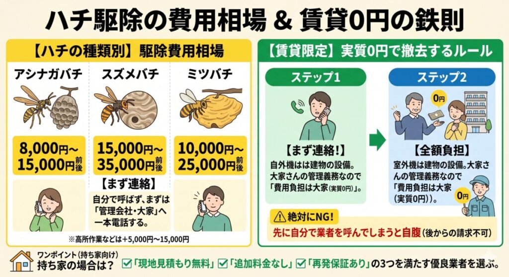 「ハチの種類別・プロの駆除費用相場」と「賃貸物件で実質0円で撤去するルール」を解説した図解イラスト。上段にはアシナガバチ(8千〜1.5万円)、スズメバチ(1.5万〜3.5万円)、ミツバチ(1万〜2.5万円)の巣の形と基本料金相場を掲載。下段には、賃貸アパート・マンションの室外機は建物の付帯設備であるため、自分で業者を呼ばず「最初に管理会社へ連絡する」ことで大家側が全額費用負担(実質0円)してくれる正しい解決フローを視覚的に説明。