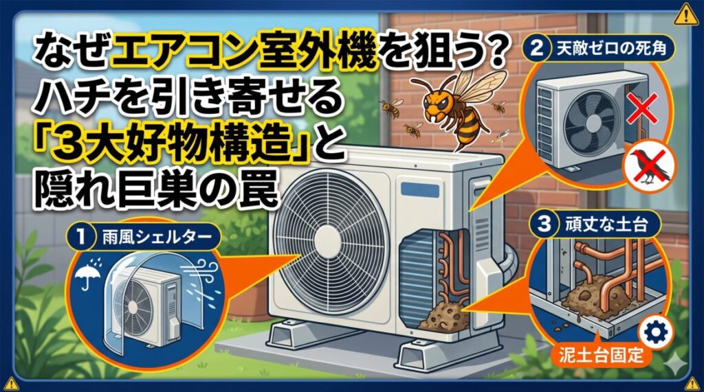 エアコン室外機がハチを強烈に引き寄せる3大構造と、外から見えない巨大な蜂の巣の隠れ家の罠を解説した図解イメージ