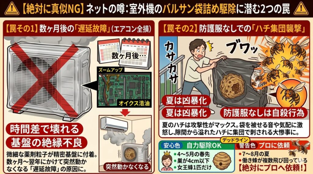 「ネットの噂:室外機のバルサン袋詰め駆除に潜む2つの罠」を解説した図解イラスト。左側には、密閉した袋の中でバルサンの微細な薬剤粒子が精密基盤に付着し、数ヶ月後にエアコンが突然壊れる「遅延故障」のリスクを視覚化。右側には、夏の凶暴なハチに対して防護服なしで袋を被せようとし、隙間から溢れたハチに集団襲撃される危険性を図解。下部には、4〜5月の初期巣を除き、夏の複数蜂はプロへ依頼すべきだとする安全デッドラインを記載。