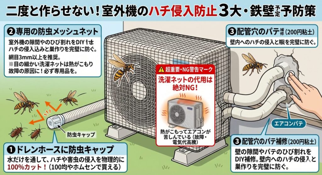 「二度と作らせない!室外機のハチ侵入防止 3大・鉄壁予防策」を解説した構造図解イラスト。1.ドレンホース先端に防虫キャップを嵌めてハチの侵入を100%遮断する対策、2.網目3mm以上の室外機専用防虫メッシュネットの装着(目の細かい洗濯ネット代用は熱がこもり故障するため絶対NGの警告付き)、3.外壁と配管の隙間をエアコンパテで埋め直すDIY補修、の3つの物理的対策を視覚的にわかりやすく示した画像。