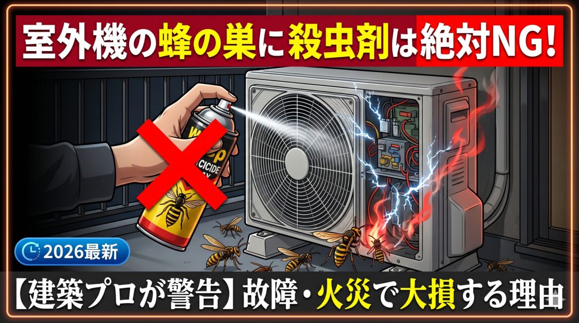 【建築プロが警告】エアコン室外機の蜂の巣駆除!自分で殺虫剤を撒くと「故障・火災」で大損する理由と3大・鉄壁予防策【2026】