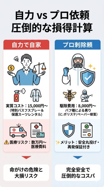 ハチ駆除を自力でやる場合とプロに依頼する場合の損得計算の比較図解。自力駆除の隠れたコスト（ハチスプレーと防護服レンタルで実質15,000円以上＋アナフィラキシーの医療リスク）に対し、プロ依頼（費用8,000円から、専用道具や高所作業技術、再発無料保証が全てコミコミで安全）の圧倒的なコスパを対比したイラスト。