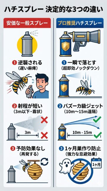 安価な市販スプレーとプロ用ハチ専用スプレーの決定的な3つの違いの図解。市販品のリスク（遅い麻痺によるハチの逆襲、3m以下の短い飛距離、予防効果なし）に対し、プロ推奨スペックの優位性（触れた瞬間に落とす超即効ノックダウン、10m〜15mのバズーカ級ジェット噴射、1ヶ月以上の巣作り防止・忌避効果）を対比したイラスト。
