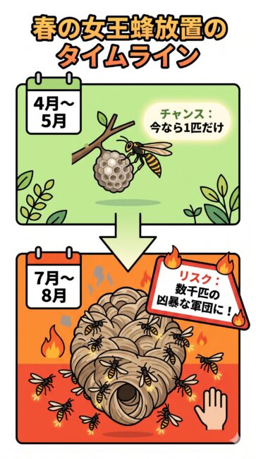 春の女王蜂を放置した際のリスクと夏に巨大化するハチの巣のタイムライン図解。4月〜5月は女王蜂が1匹で小さな巣を作っており駆除のチャンスである一報、放置して7月〜8月になると数千匹の凶暴な働き蜂の軍団へ巨大化し、攻撃性や駆除費用が激増するリスクを対比したイラスト。