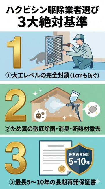 元駆除社員が教えるハクビシン駆除業者選びの3大絶対基準の図解。基準1「1cmの隙間も塞ぐ大工レベルの完全封鎖力」、基準2「ため糞の徹底除菌・消臭と断熱材撤去技術」、基準3「最長5〜10年の長期再発保証と書面発行」の3つのチェックポイントを解説したイラスト。