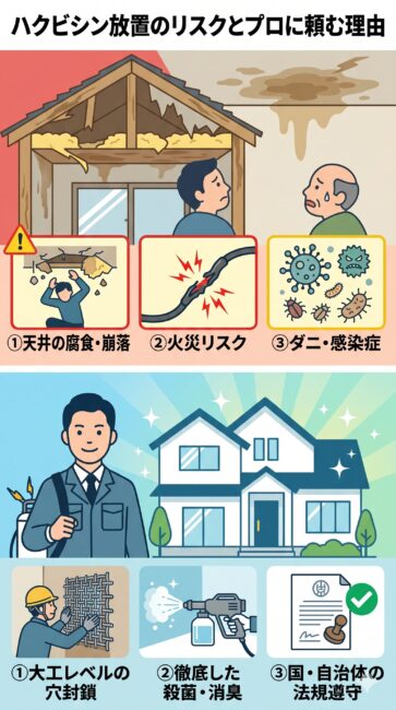 ハクビシン被害の放置リスクとプロに依頼すべき理由の図解。放置による3大リスク（断熱材破壊やため糞による天井腐食・崩落、電気配線かじりによる火災、ノミ・ダニや病原菌による健康被害）と、プロに頼むべき理由（大工レベルの侵入口完全封鎖、徹底した殺菌・消臭消毒、鳥獣保護管理法の捕獲申請代行）を上下で対比したイラスト。
