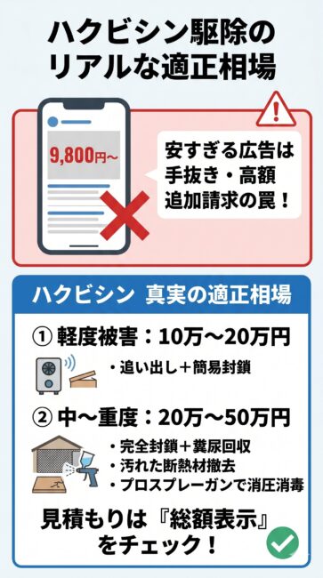 ハクビシン駆除のリアルな適正相場と格安広告の罠を解説した図解。ネットの「9,800円〜」という格安表示は手抜きや高額追加請求のリスクがある一報、実際の総額相場は軽度被害で10万〜20万円、ため糞がある中〜重度被害で20万〜50万円（封鎖・消毒・断熱材撤去を含む）であることを対比したイラスト。