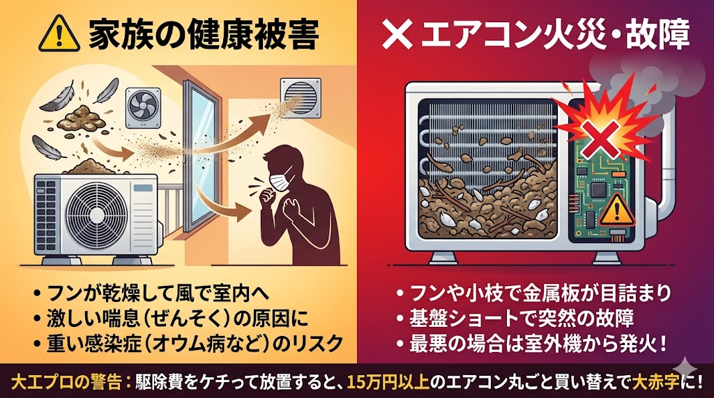 室外機裏のハトのフンを放置するリスクを解説した比較図解。左側は人への健康被害として、乾燥したフンや羽の粉塵が風に乗って室内に侵入し、喘息やオウム病などの重いアレルギー・感染症を引き起こす危険性を黄色で解説。右側は家やエアコンへの実害として、室外機のアルミフィン(熱交換器)にフンや小枝が目詰まりすることで、基盤がショートして故障したり、モーター過熱によるエアコン火災(発火)を招く恐怖を赤色で解説。最下部には、放置すると結果的に15万円以上のエアコン買い替え費用が発生するという大工プロの警告を記載。