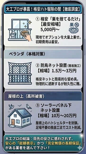 ネットの格安ハト駆除広告に潜むぼったくり手口と再発率のアンケート結果を解説した図解。左側は『5,000円から』という格安表示の罠として、その料金は巣をゴミ袋に入れるだけのものであり、現地で高圧洗浄や消毒、ネット部材代などのオプションが上乗せされて総額10万円を超える手口を赤色で解説。右側は独自アンケートデータとして、安さで選んだ人の施工後1年以内の再発率が45.2パーセントにのぼり、再発保証を謳っていても64.5パーセントが難癖をつけられて追加料金を請求されている現実を解説。最下部には、総額表示と完全無償の長期保証を持つ専門業者を選ぶべきという結論を記載。