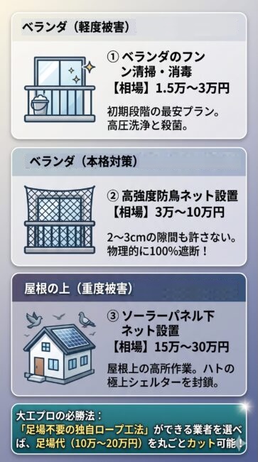 プロに依頼した場合のハト駆除の部位別費用相場を解説した図解。1つ目はベランダのフン清掃・高圧洗浄殺菌・消毒で1.5万から3万円。ハトが居座る前の初期段階の相場。2つ目はベランダへの高強度防鳥ネット設置で3万から10万円。わずかな隙間も大工技術でたるみなくピンと張り100パーセント侵入を防ぐ相場。3つ目は屋根のソーラーパネル下へのネット設置で15万から30万円。高所作業のため高額になるが、足場不要の独自ロープ工法を持つ優良業者を選ぶことで、追加でかかる10万から20万円の足場費用を丸ごとカットできるという大工プロの選び方のコツを記載。