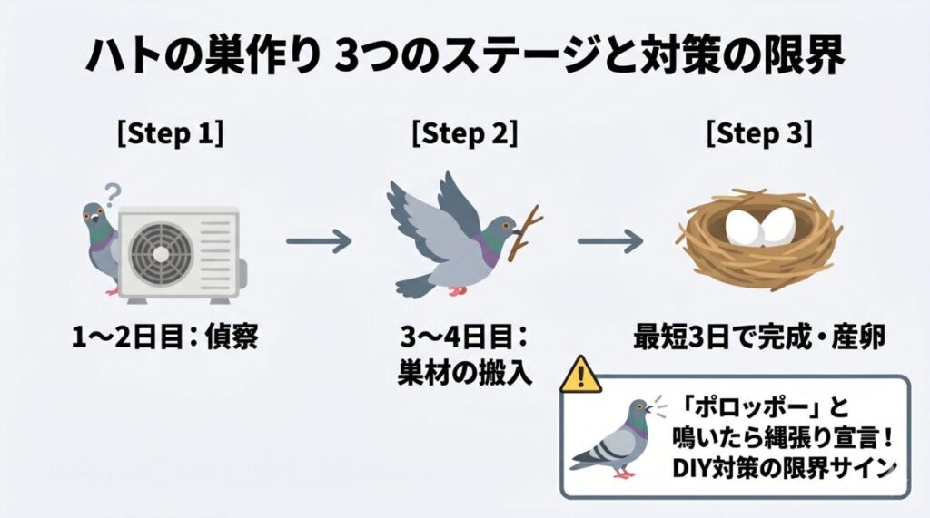 ハトの巣作りのスピードと鳴き声の警告」を解説したタイムライン図解。1〜2日目の偵察、3〜4日目の巣材搬入を経て、最短3日から7日で巣が完成し産卵に至る超高速な繁殖行動の流れを説明しています。また、ベランダで『ポロッポー』と鳴くのは縄張り宣言の危険信号であり、強烈な帰巣本能により市販グッズなどのDIY対策が限界を迎えるサインであることを警告しています。