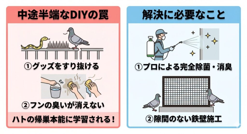 自力駆除の限界とネットのハト対策が効かない理由」をまとめた解説図。左側には市販の対策グッズ（スパイクやダミー人形など）の隙間をハトがすり抜けて戻ってくることや、水洗いだけではフンのマーキング臭が消えず帰巣本能で執着されるというDIYの罠を説明。右側には根本解決として、プロによる専用薬剤での完全除菌・消臭と、わずかな隙間もない鉄壁の施工が必要であることを対比して示しています。