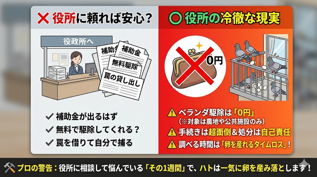 ハト駆除における役所の補助金や助成金の現実をまとめた比較図解。左側はよくある勘違いとして『一般家庭でも補助金が出る』『無料駆除や罠の貸し出しがある』という期待を記載。右側は冷徹な現実として、一般のベランダ駆除への補助金は0円(農地や公共施設のみが対象)であり、罠の貸し出しも面倒な申請が必要な上に処分は自己責任である事実を解説。さらに、役所の対応を調べている時間はハトに卵を産まれるまでの致命的なタイムロスになるため、1分でも早く専門業者に無料見積もりを依頼すべきというプロの警告を記載。