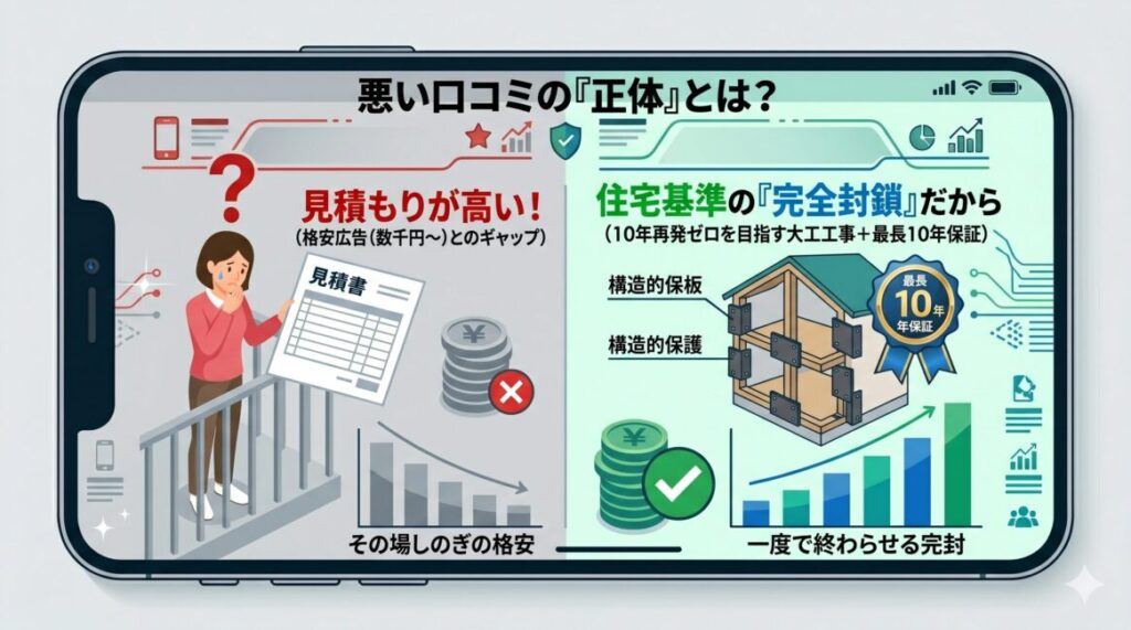ハウスプロテクトの悪い口コミ『見積もりが高い』という不満の正体を解説した図解。その場しのぎの格安駆除と、ハウスプロテクトが行う10年再発ゼロを目指す完全封鎖リフォーム工事のトータルコストの違いを比較