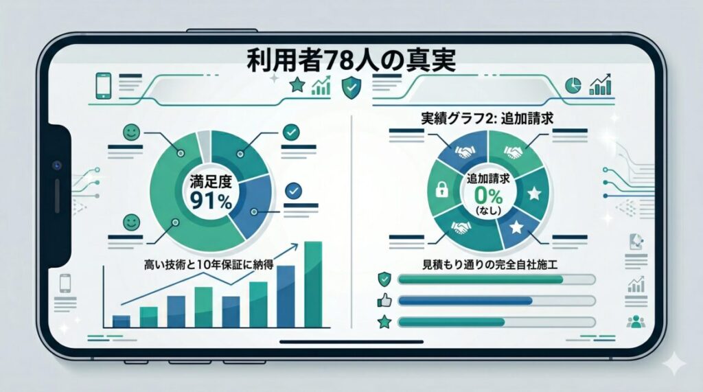 ハウスプロテクトの独自アンケート結果のまとめ。相見積もり、高額見積もりへの納得、追加請求ゼロ、現在の満足度などのデータを可視化。