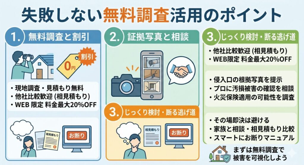 失敗しない害獣駆除の無料調査活用法を、3つのステップでまとめた図解。1: 無料調査・最大20%OFF（0円現地調査、他社比較歓迎）、2: 証拠写真・相談（侵入口根拠提示、火災保険適用相談）、3: じっくり検討・お断り（即決回避、相見積もり比較、スマートお断りマニュアル）。各ステップが独立したパネルで示されており、スマホで瞬時に内容が理解できるデザイン。