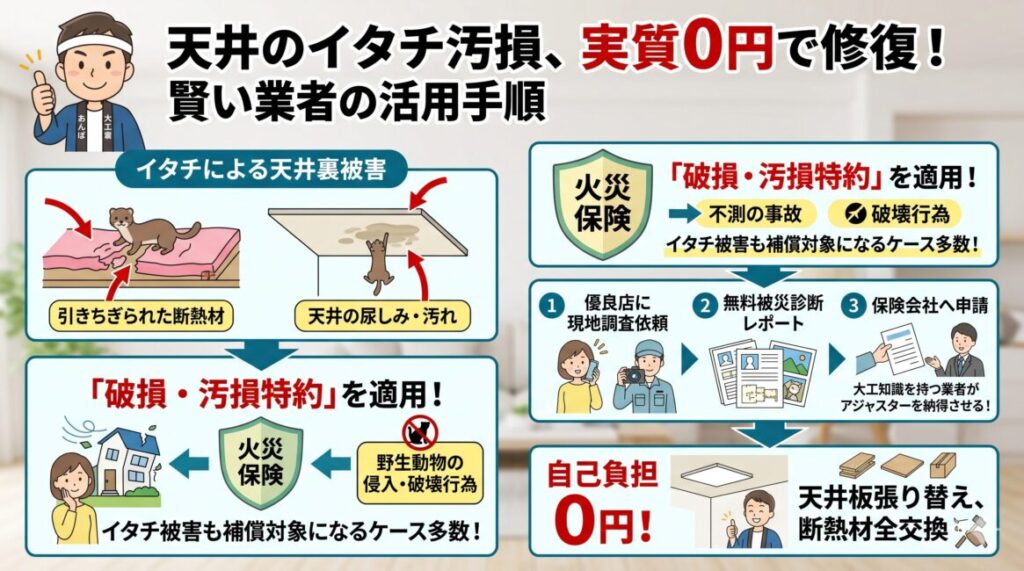 イタチ被害の天井汚損リフォームに火災保険の『破損・汚損特約』を適用し、自己負担実質0円で修復する賢い業者の活用手順を解説した図解イメージ。引きちぎられた断熱材や尿しみの被害状況、不測かつ突発的な野生動物の侵入と破壊行為が補償対象となる説明、優良業者への調査依頼から被災診断レポート作成、保険会社申請サポートまでのフローが示されている。最終的に自己負担0円で天井板張り替えと断熱材全交換ができる結果が強調されている。