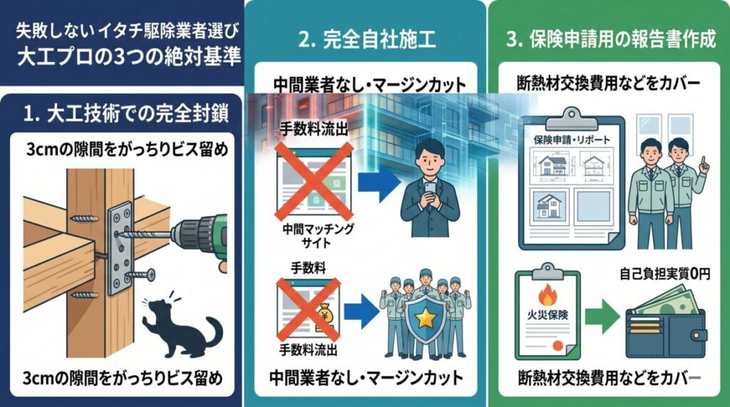 2026年最新の失敗しないイタチ駆除業者を選ぶ3つの絶対基準を解説したインフォグラフィック図解。上段には、イタチの再侵入を防ぐために3cmの隙間を頑丈な金属プレートとビス留めで完全に塞ぐ『大工技術による施工』をイラストで表現。中段には、下請けに丸投げする集客サイトとの違いとして、中間マージンのない安心な『完全自社施工』のダイレクトな構造を対比図で表現。下段には、天井裏の修復費用を実質0円にするために、アジャスターを納得させる写真や図面付きの『火災保険申請用レポートの無料作成』のメリットを書類と保険のアイコンで表現している。スマホでも3つの基準が直感的にわかる構成。
