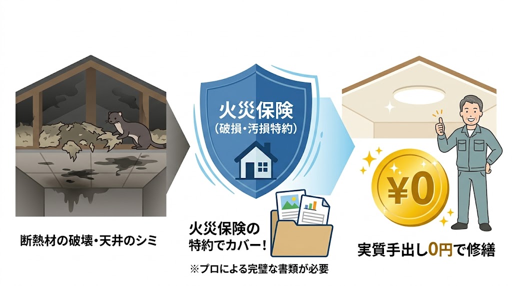 イタチによる天井裏の被害を火災保険で実質0円修繕する仕組みを説明した図解イラスト。左側はイタチに破壊された断熱材や天井のシミ汚れの被害、中央は火災保険の「不測かつ突発的な事故（破損・汚損特約）」と申請に必要なプロの書類（被害報告書・見積書など）の存在、右側は保険金が認定されて自己負担0円で元通りに綺麗に修繕されるまでの解決プロセスを視覚的に分かりやすく説明しています。