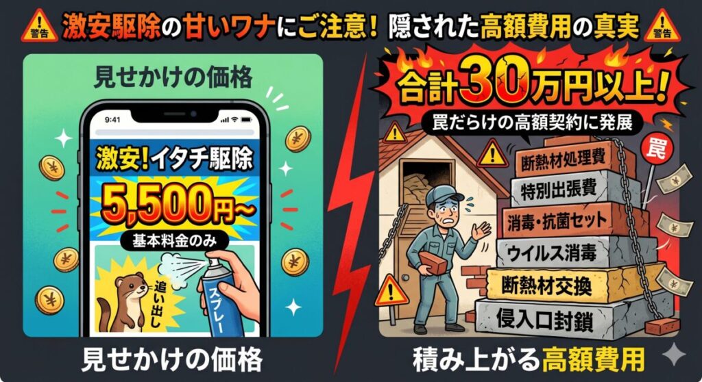ネットの激安イタチ駆除業者による悪質な追加料金の手口を解説した図解イラスト。左側は「5,500円〜」といった格安広告が「ただ忌避スプレーを吹きかけるだけ」の基本料金に過ぎず、再侵入リスクが残る罠であることを示し、右側は現地調査後に「侵入口の封鎖工事（＋15万円）」「汚れた断熱材の撤去交換（＋10万円）」「高濃度殺菌・ウイルス消毒（＋5万円）」などの高額なオプションを強引に次々と積み上げられ、最終的に30万〜40万円を超える高額請求に跳ね上がる手口を視覚的に説明しています。