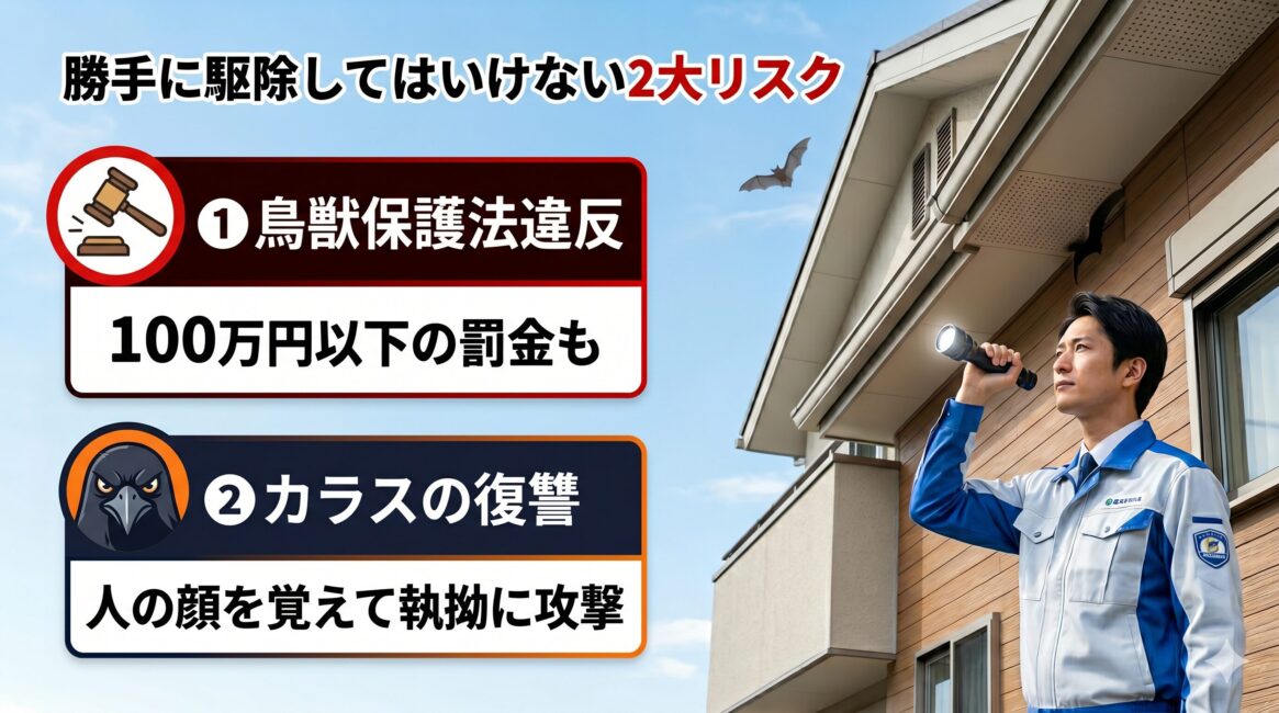 カラスを勝手に駆除してはいけない2大リスクの図解（1.鳥獣保護法違反による100万円以下の罰金リスク、2.人間の顔を記憶したカラスによる執拗な復讐リスク）