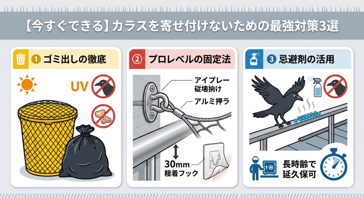 カラスを寄せ付けないための3つの最強対策の図解（1.紫外線カットネットや密閉ボックスによるゴミ荒らし根絶、2.プロによるアイプレートビス留めと目の細かい防鳥ネットの完全固定、3.長持ちする高粘度ジェルの手すりへの活用）