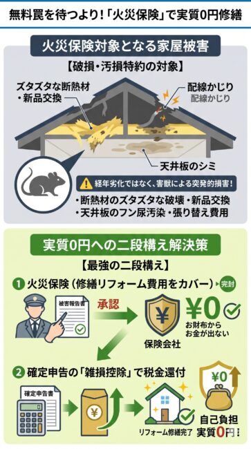 市役所の罠を待たずに火災保険と雑損控除でアライグマの被害を0円修繕する仕組みの図解。上部には「火災保険（破損・汚損特約）の対象になる被害」として、害獣に壊された天井裏断熱材やフン尿による天井板の物理的損害を「突発的損害」として描写。下部には、最もお金がかかる天井補修・断熱材交換を火災保険でカバーし、万が一の自己負担分は確定申告の「雑損控除」で所得税・住民税から取り戻す二段構えのルートを解説し、最終的に「自己負担実質0円」で家を元の美しい状態へ修繕できる解決策を示したイラスト。