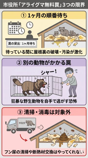 月の順番待ちの間に天井裏が繁殖・破壊されるタイムロス。2つ目は、ハクビシンなど別の野生動物が誤ってかかった（錯誤捕獲）際に自分で檻を開けて放獣する精神的トラウマ。3つ目は、市役所が個体を回収してくれても、屋根裏に残された大量のフン尿の除菌消臭や断熱材の交換は一切やってくれない私有地内の限界を解説したイラスト。
