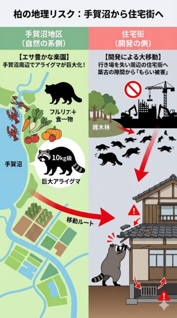 柏市特有のアライグマ繁殖と移動ルートの地理リスク図解。左側は「手賀沼周辺の楽園」として、豊富な水網や農地のエサによりアライグマが巨大化する環境を描写。右側は「住宅街への侵入」として、柏の葉などの都市開発で住処を追われた巨大アライグマが、周辺の築古一戸建ての和瓦や床下通気口の隙間をこじ開けて侵入する「もらい被害」の構造を左右の対比で解説しているイラスト。