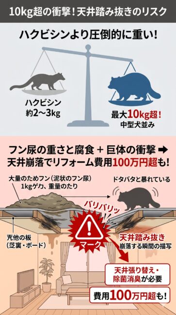 アライグマの体重と「ためフン」が引き起こす天井踏み抜きリスクの図解。左側はハクビシン（約2〜3kg）とアライグマ（最大10kg超）の圧倒的な体重差の比較。右側は、薄い天井板の上に大量の泥状フン尿が堆積して木材が腐食し、10kg超の巨体の衝撃によって天井が一気に踏み抜かれて崩落する断面図。長期放置により、天井張り替えや特殊除菌でリフォーム費用が100万円を超える大惨事になるリスクを解説したイラスト。