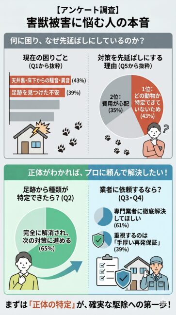 害獣被害に関するアンケート結果の図解。上段には『天井裏の騒音（43%）』や『足跡（39%）』に悩みつつも、『動物の特定ができない（43%）』ために先延ばしにしている現状を表示。下段には『特定できれば65%の人が不安を解消し前進できる』こと、そして『61%が専門業者での徹底解決を望み、39%が再発保証を最重視している』データを示すインフォグラフィック。