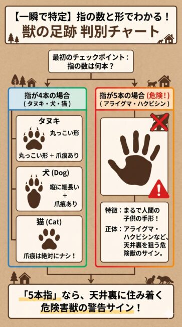 『獣の足跡判別チャート』の図解。上部の『指の数』から分岐し、左の『4本指ルート』では、丸っこくて爪痕があるタヌキ、縦長で爪痕がある犬、爪痕がない猫の足跡の違いをイラストで比較。右の『5本指ルート』では、人間の子供の手形に似たアライグマやハクビシンの足跡を示し、天井裏に侵入する危険な害獣のサインであることを警告するインフォグラフィック。